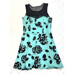 Girls Turquoise Floral Dress with Black Flowers Size 9